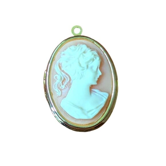 Victorian Cameo Locket Vintage Necklace Pendant Shell Ivory Ornate Gold Oval - Picture 4 of 11